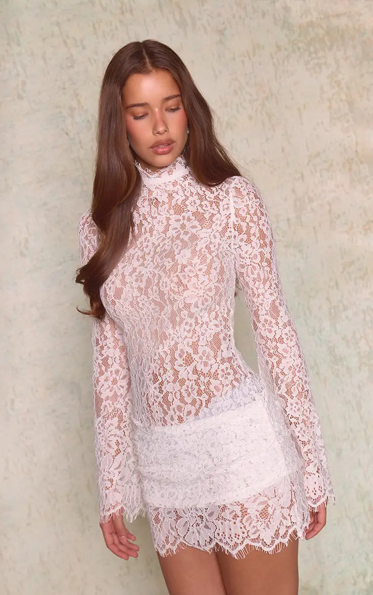 White Sheer Lace Drape Long Sleeve Bodycon Dress | PrettyLittleThing US