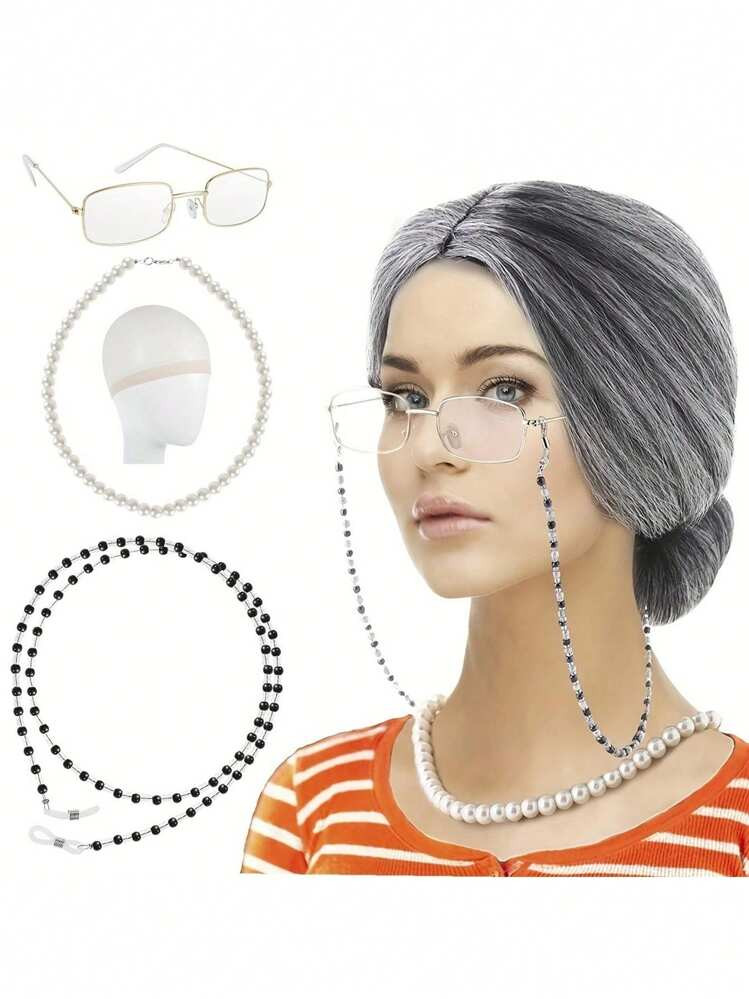 Old Lady Wig COS GRANDMA Short Curly Hair GRANDPA Middle-Aged And Elderly Sketch Dress Up Suit,Grandma Cosplay Set Funny Old Lady Dress Up Set With Wig Caps Pearl Necklace Eye Glasses Chain Realistic Granny Costume Wig Old Lady Costume Set For Halloween Masquerade Old Woman Wig | SHEIN