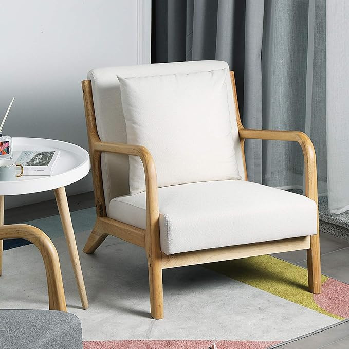oneinmil Mid-Century Retro Modern Upholstered Wooden Accent Chair Arm Chair, Beige | Amazon (US)