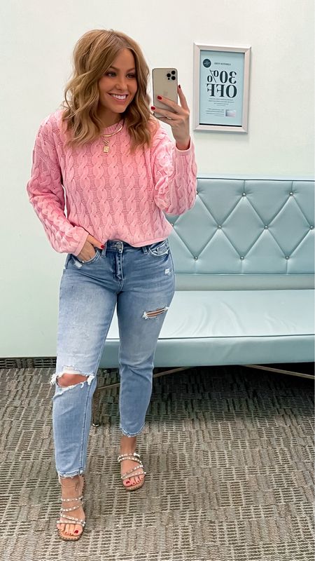 Flying monkey jeans. So comfortable and stretchy. Styled with this American eagle sweater. Love this look for a chilly spring day! 

#LTKstyletip #LTKsalealert #LTKfindsunder50