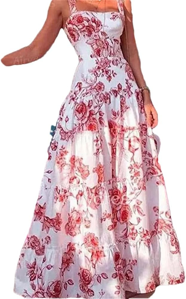 Women Sleeveless Print Suspender Dress Summer Slim Square Necked Long Party Club Dresses | Amazon (US)