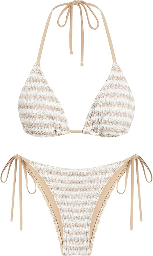 Amazon.com: ZAFUL Women's Triangle Bikini Set Crochet String Cheeky Swimsuit Sexy Halter Lace 2 P... | Amazon (US)