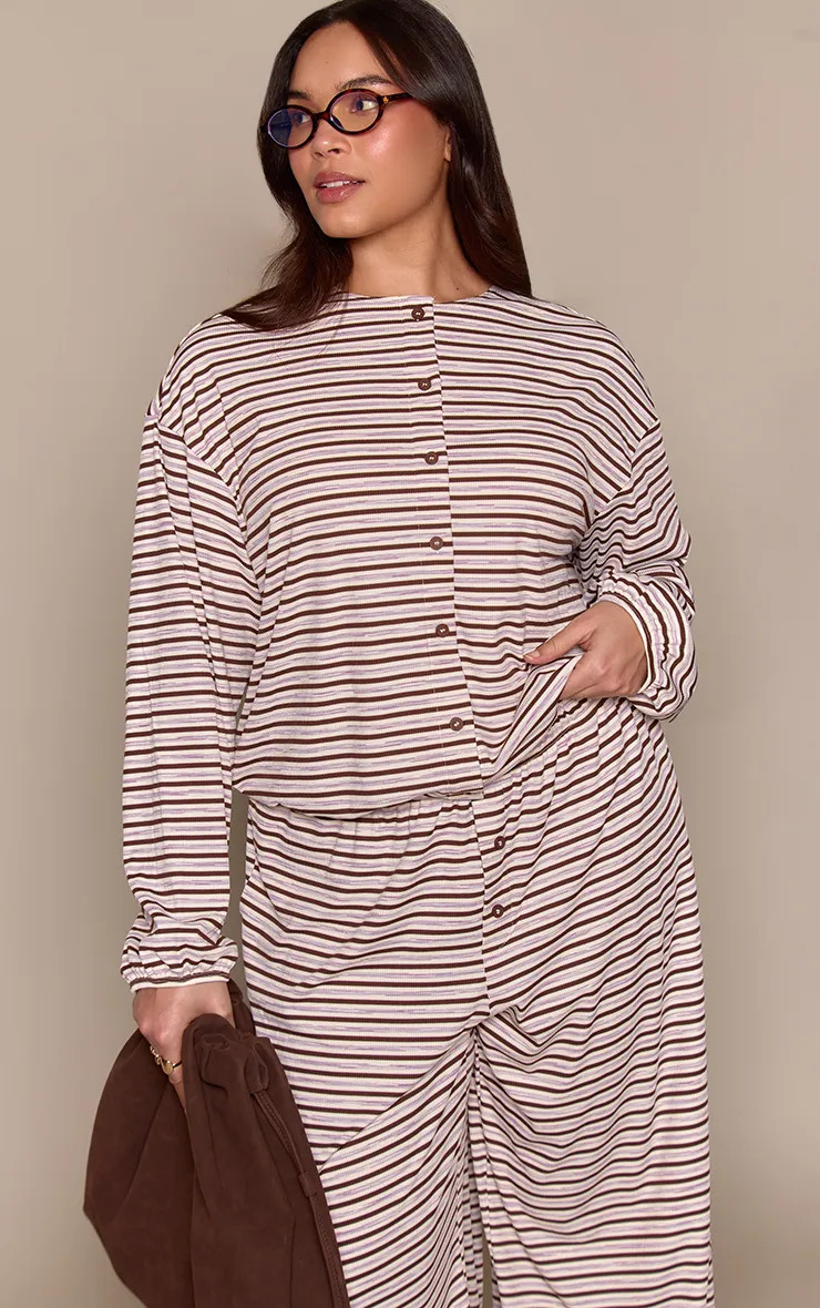 Dark Brown Plus Dark Brown Stripe Soft Rib Relaxed Button Up Top | PrettyLittleThing | PrettyLittleThing UK