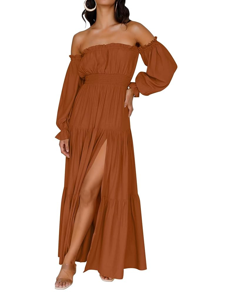 ZESICA Women's 2025 Boho Sexy Off Shoulder Long Sleeve Smocked High Waist Side Split Flowy A Line... | Amazon (US)