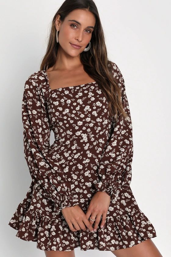 Coy Charm Brown Floral Print Long Sleeve Mini Dress | Lulus