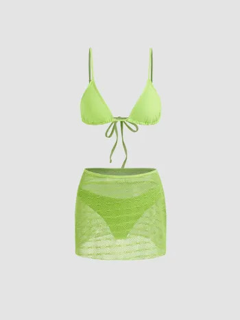 V-neck Triangle Bikini Set With Mesh Sarong - Cider | Cider