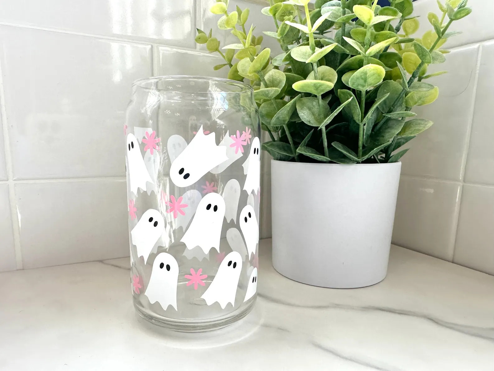 Halloween Coffee Cup With Lid and Straw, Cute Ghost Iced Coffee Glass Cup, Pink Halloween Decor, ... | Etsy (US)