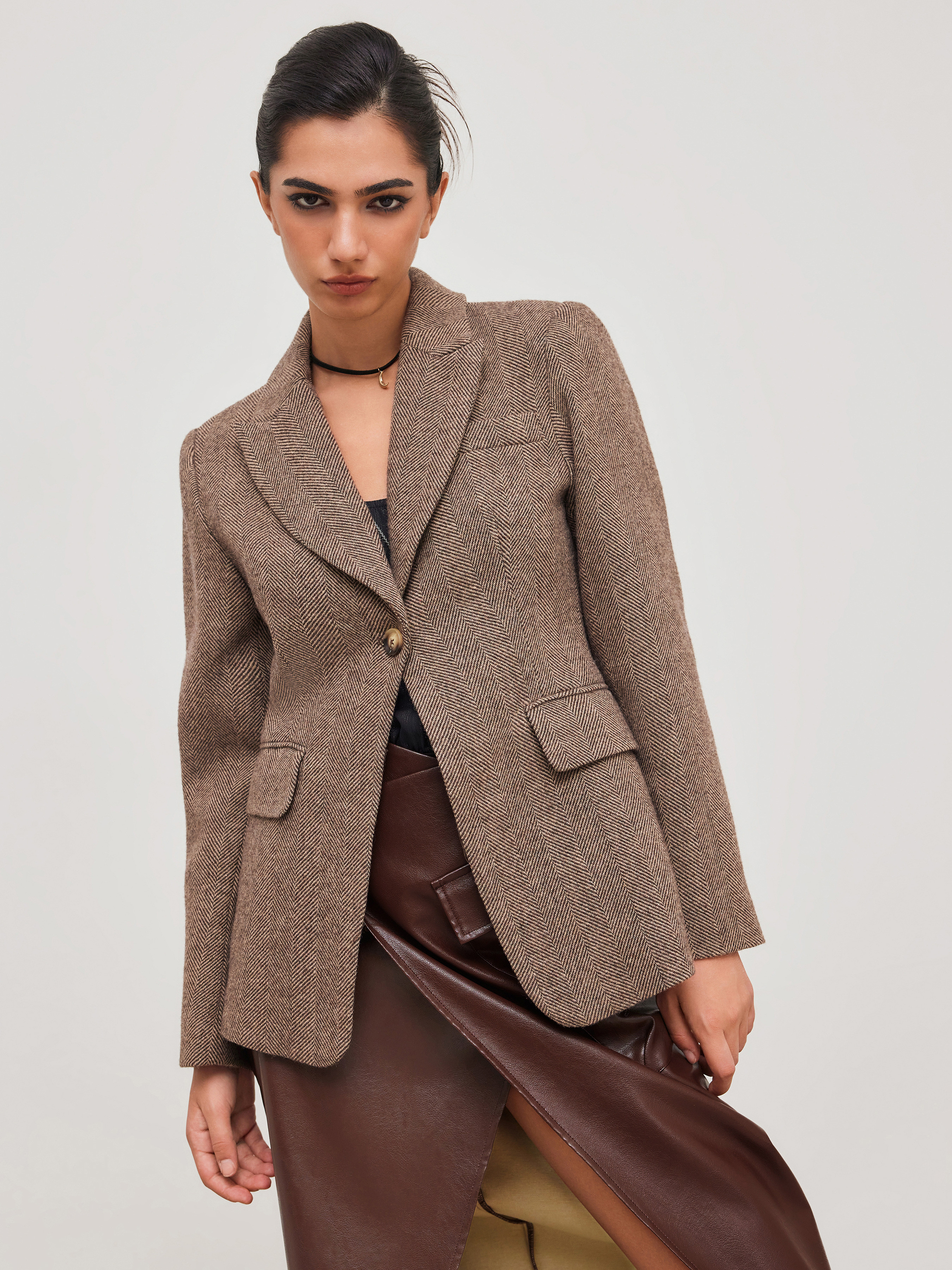Woven Wool-blend Collar Blazer  For Work | Cider