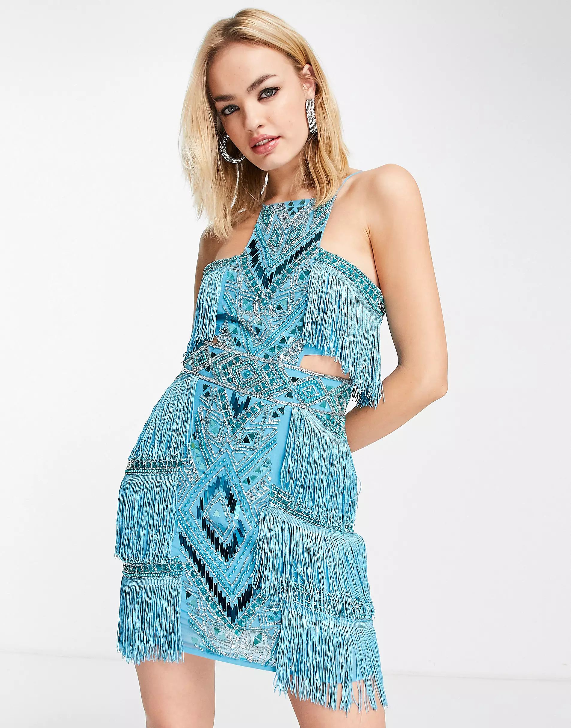 ASOS DESIGN high neck embellished mini dress with fringe in blue | ASOS (Global)
