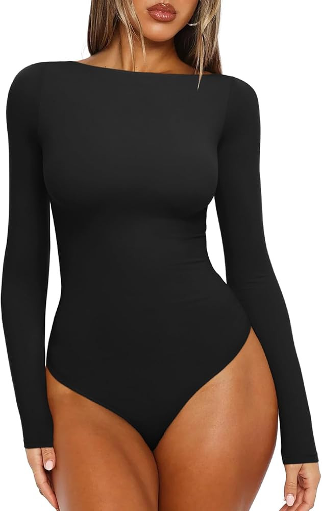 REORIA Women's Boat Neck Long Sleeve Bodysuit Basic Going Out Body Suits Tops 2025 | Amazon (US)