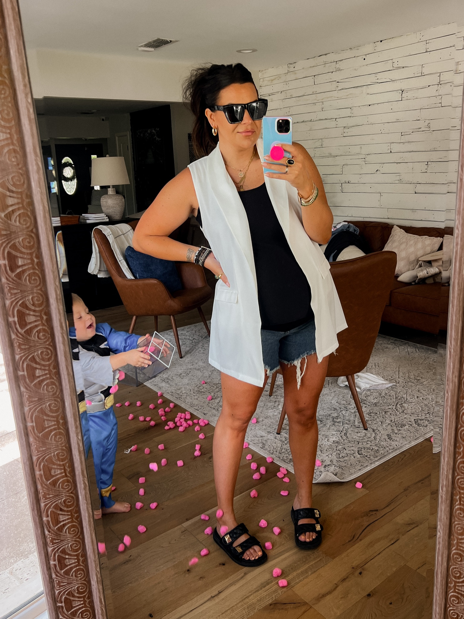 Bump friendly summer outfield. Summer maternity outfit. Amazon bump finds 

VEST: XL
Tank: Xl
Sandals are old but I linked up similar options!


#LTKunder50 #LTKstyletip #LTKbump