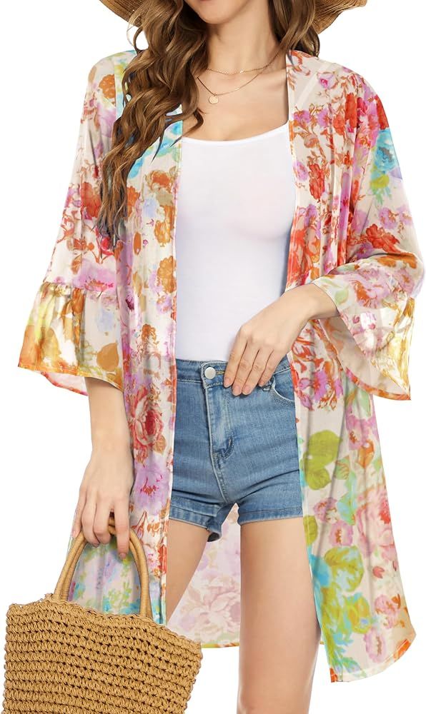 Women's Kimono Cardigans Floral Chiffon Loose Open Front Casual Summer Tops | Amazon (US)