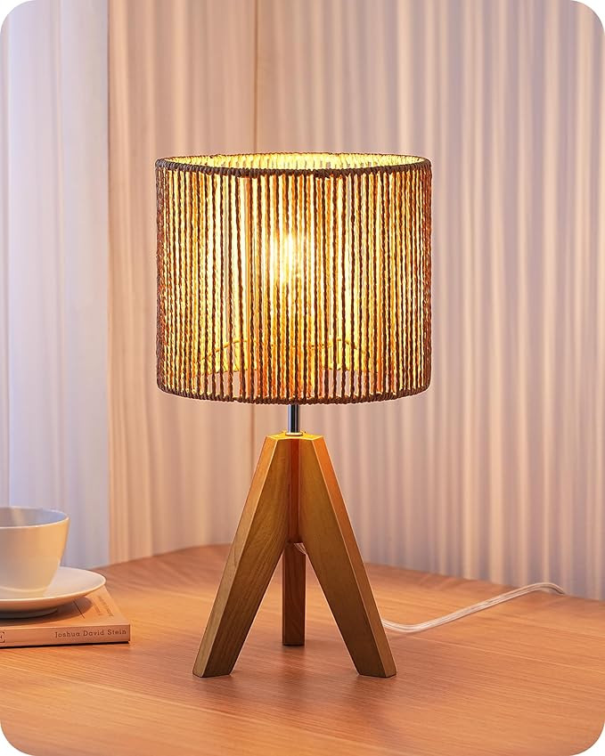 EDISHINE Small Rattan Table Lamp, Wood Tripod Bedside Lamp, Boho Nightstand Lamp for Living Room,... | Amazon (US)