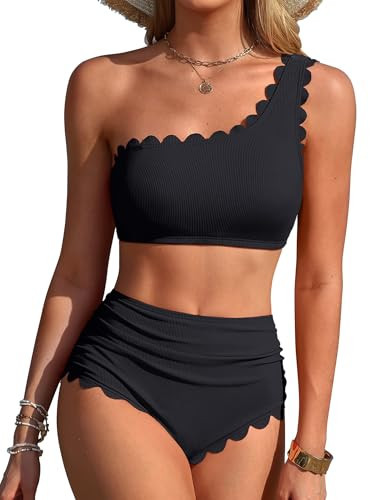 Charmo Womens One Shoulder Bikini Swimsuit High Waisted Bathing Suit Modest Two Piece Tummy Control Swim Suits 2026 Black XL | Amazon (US)
