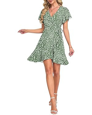 AUSELILY Summer Dresses Wrap Dress for Women Mini Short Flutter Sleeve Casual Sundress V Neck Ele... | Amazon (US)