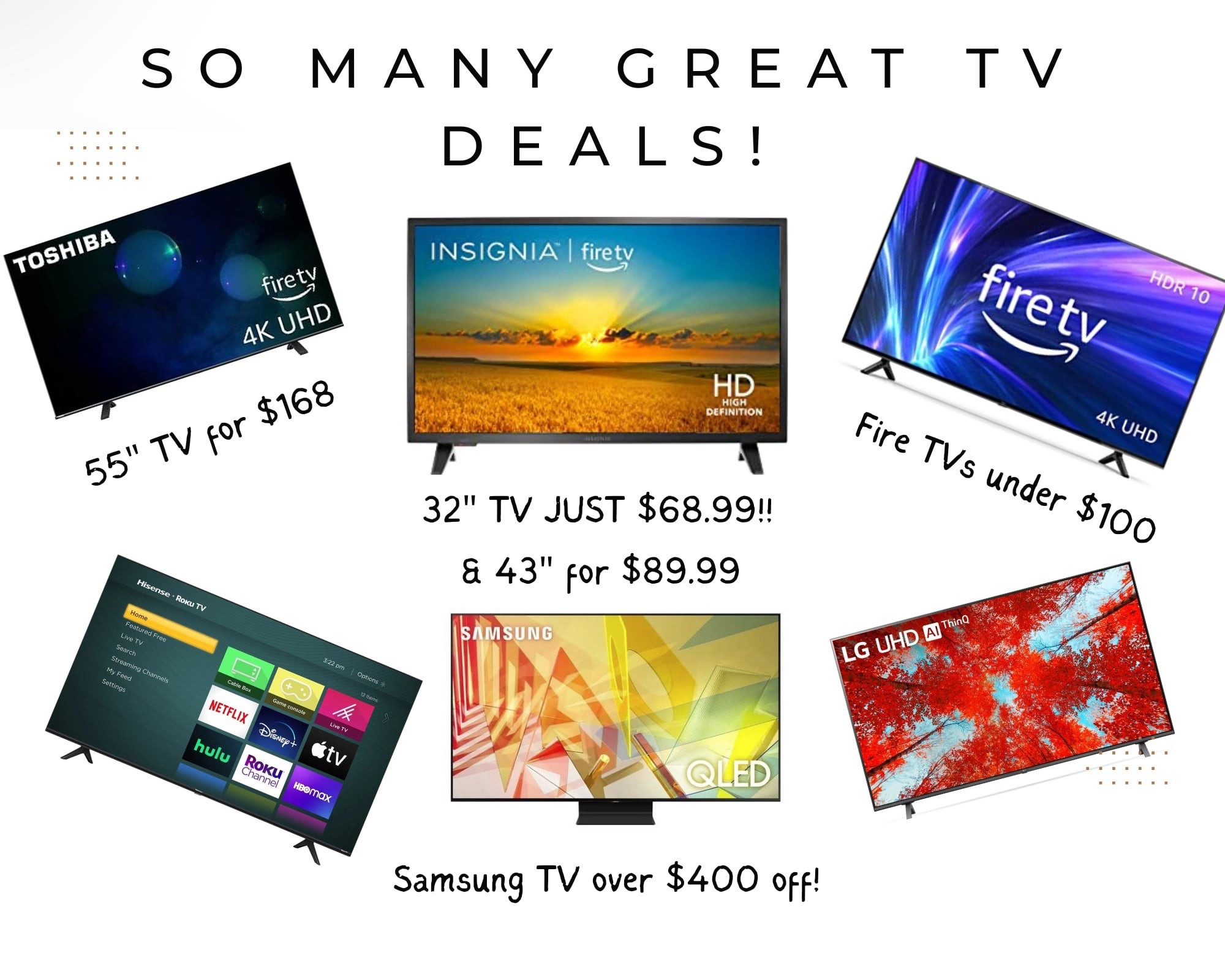 Check out some of the best TV deals this year. 32" TVs start at $68.99, a 43" for as low as $89.99 and lots more deals!

#LTKHome #LTKCyberWeek #LTKSaleAlert