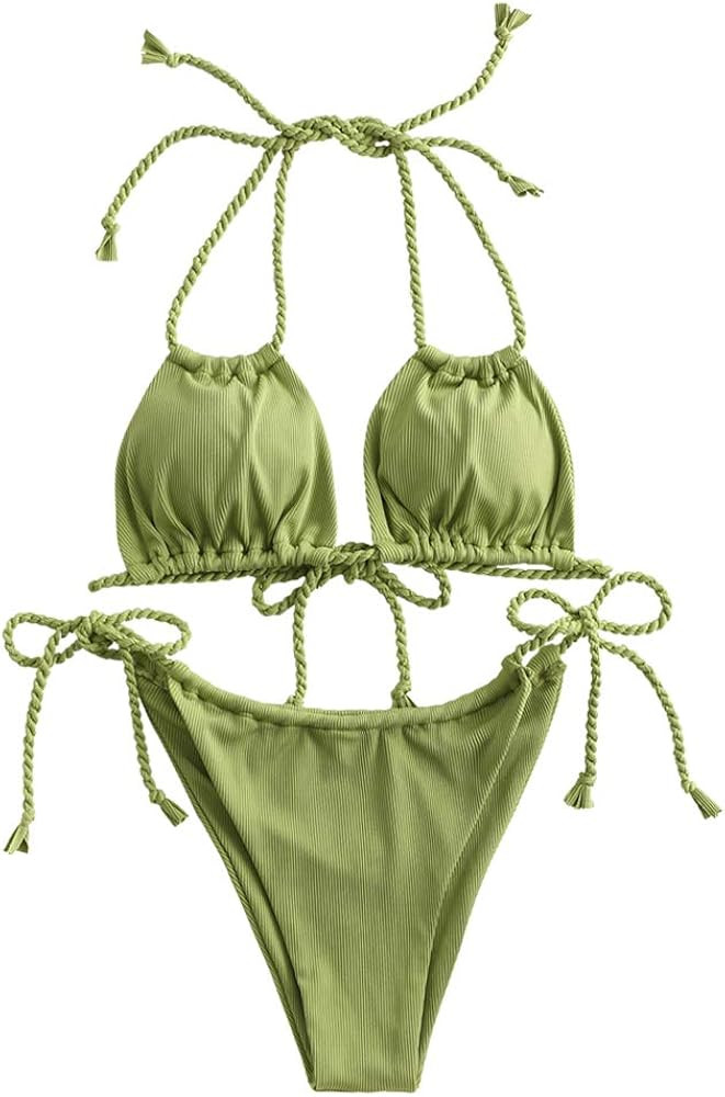 ZAFUL Womens Triangle Bikini Sets High Cut Tie Side 2 Piece Bathing Suit Lime Green Bikini Set | Amazon (US)