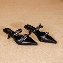 Women Buckle Decor Point Toe Sculptural Heeled Pumps, Fashion Black Mule Pumps | SHEIN