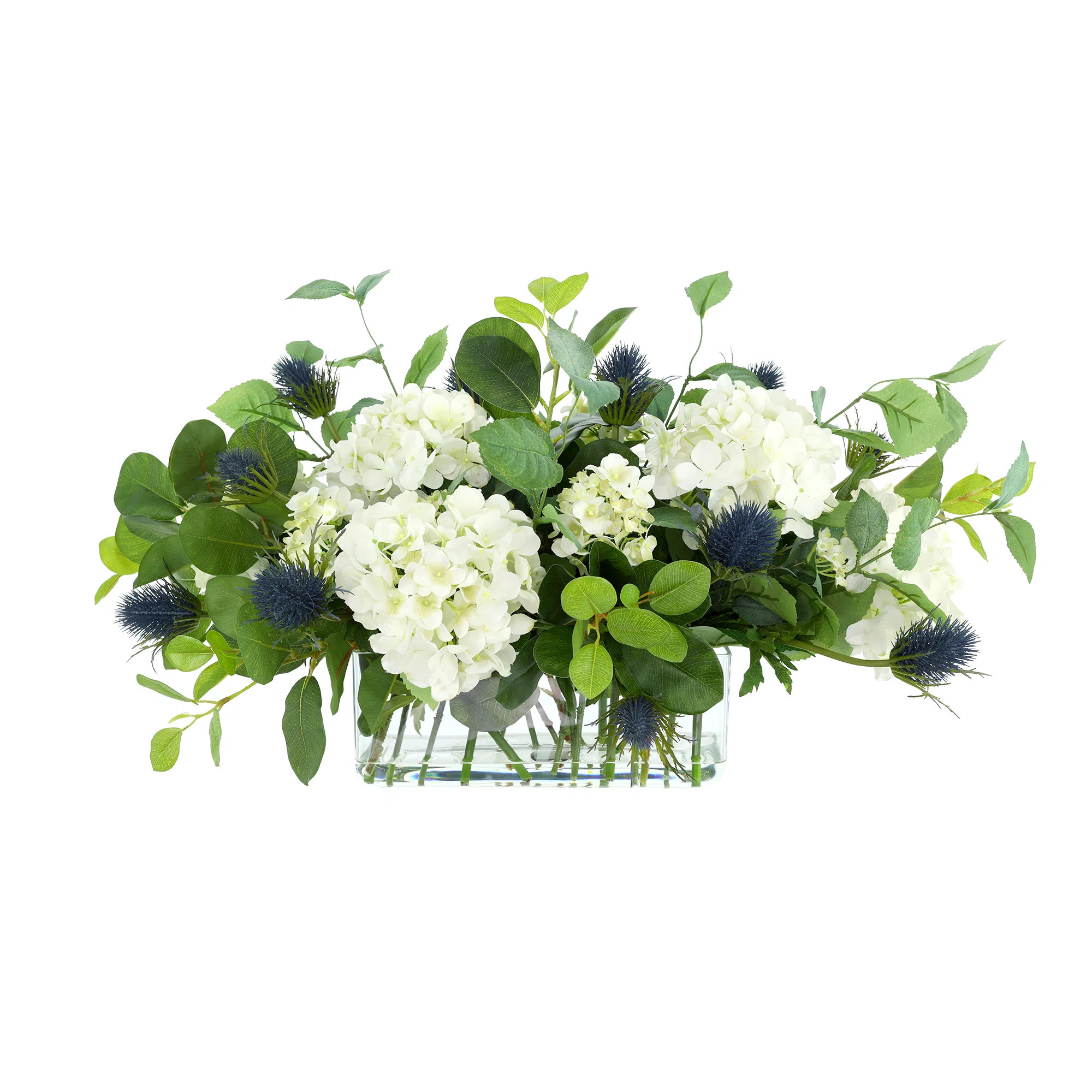 Hydrangea and Thistle Floral Arrangement in a Rectangular Glass Vase | Wayfair North America
