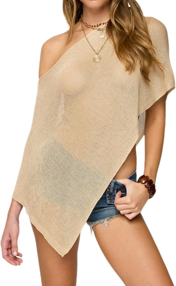 Seyumixi Knit Sheer Poncho Top for Women Y2k Asymmetric Shrug Beach Cover Up See Through Lightwei... | Amazon (US)