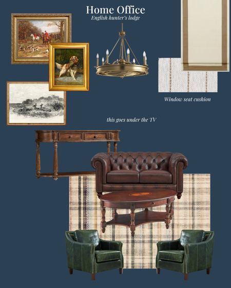 Gentleman’s English Hunter office. It is time to refresh this space for my husband and his likes and preferences. He loves to hunt so this room will be perfect for him. I have wanted to use this Chris loves Julia by loloi rug for a long time.

#chesterfield
#hunter
#huntingart
#plaidrug
#greenchairs
#romanshades
#fandelier

#LTKmens #LTKhome #LTKMostLoved