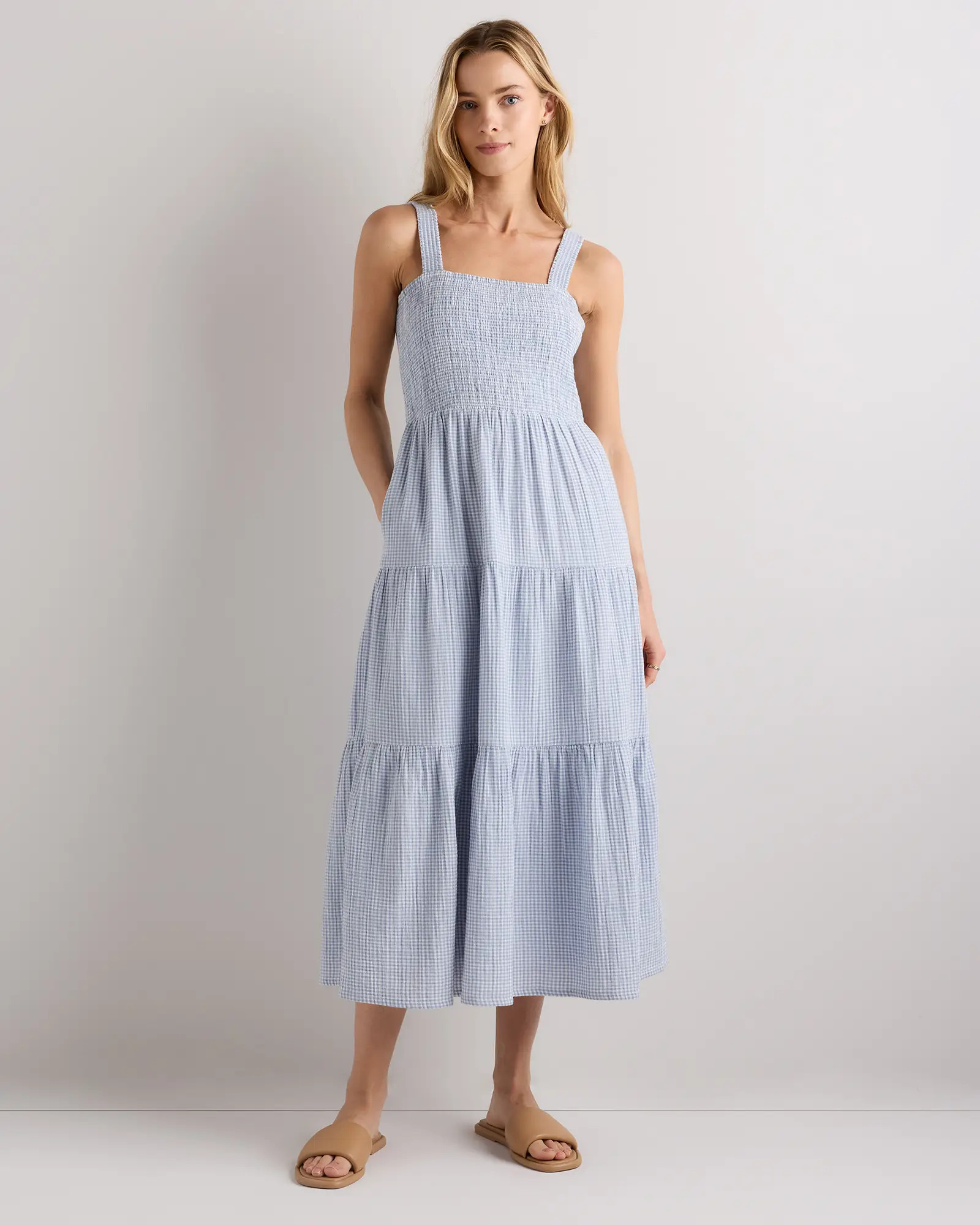 100% Organic Cotton Gauze Smocked Sleeveless Maxi Dress in Blue Gingham | Quince