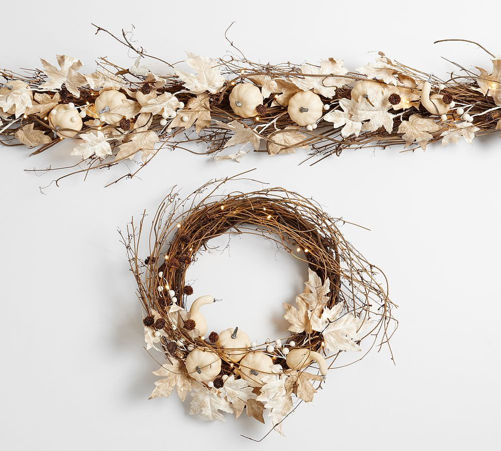 Lit Faux Harvest Pumpkin Wreath & Garland | Pottery Barn (US)