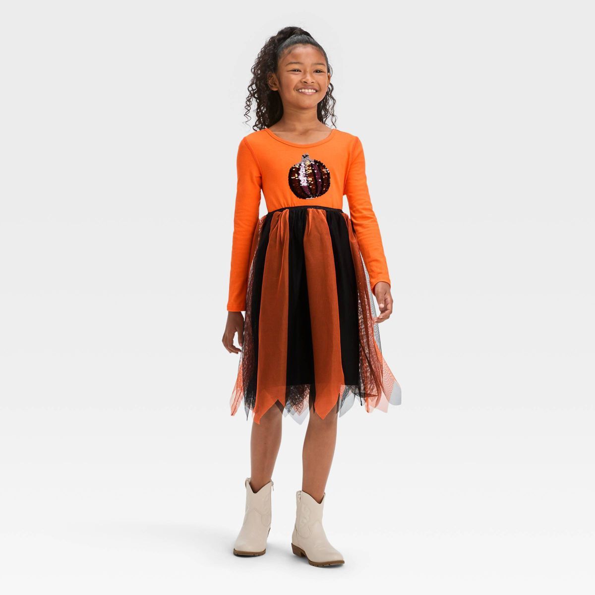 Girls' Adaptive Long Sleeve Sequin Halloween Tulle Dress - Cat & Jack™ Orange | Target