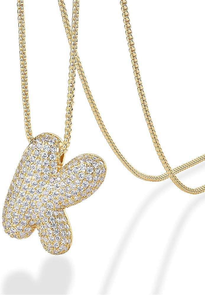 PAVOI 14K Gold Plated Cubic Zirconia Bubble Letter Initial Necklaces for Women | Gold Balloon Nec... | Amazon (US)