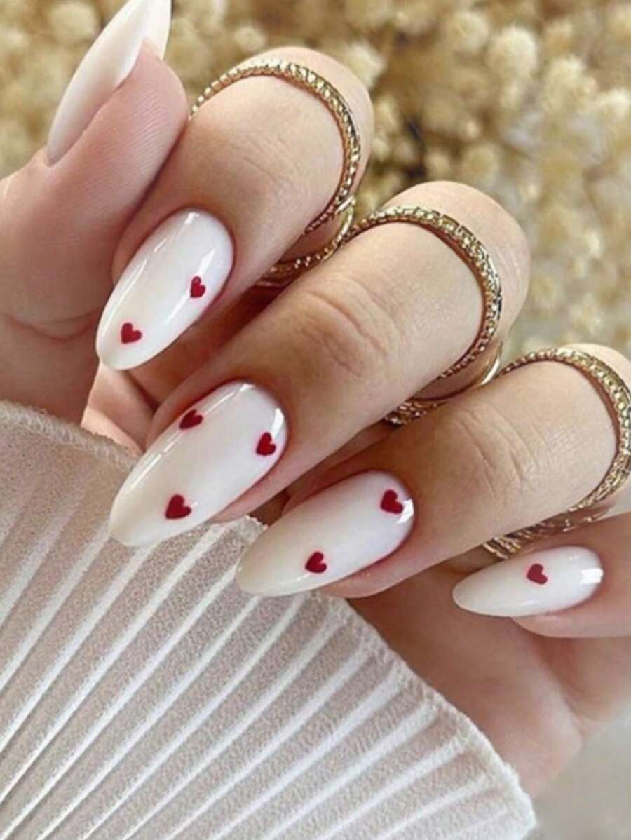 Valentines Nails 24pcs Yogurt White With Wine Red Love Crumbs Nail Girls Wear A Red Love Fake Nai... | SHEIN