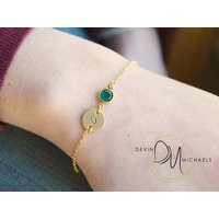 Gold Birthstone & Initial Bracelet, Personalized Disc Bracelet | Etsy (US)