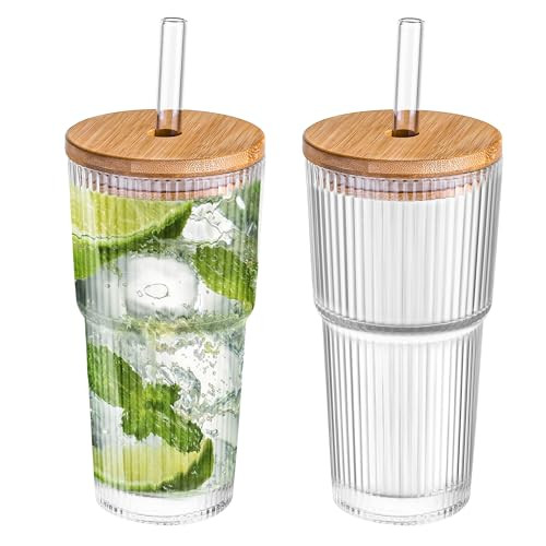 Dingerjar 20 oz Ribbed Glass Tumblers with Bamboo Lids and Straws, 2 Pcs Wide Mouth Thickened Vintage Glass Cup for Boba, Iced Coffee, Juice | Amazon (US)