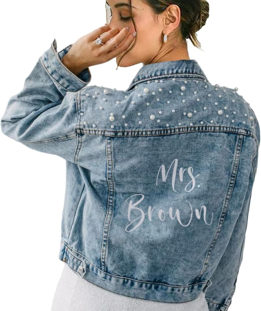 Embroidered Bride Denim Jacket, Bride Jean Jacket, Future Mrs Jacket, Custom Personalized Pearl D... | Amazon (US)