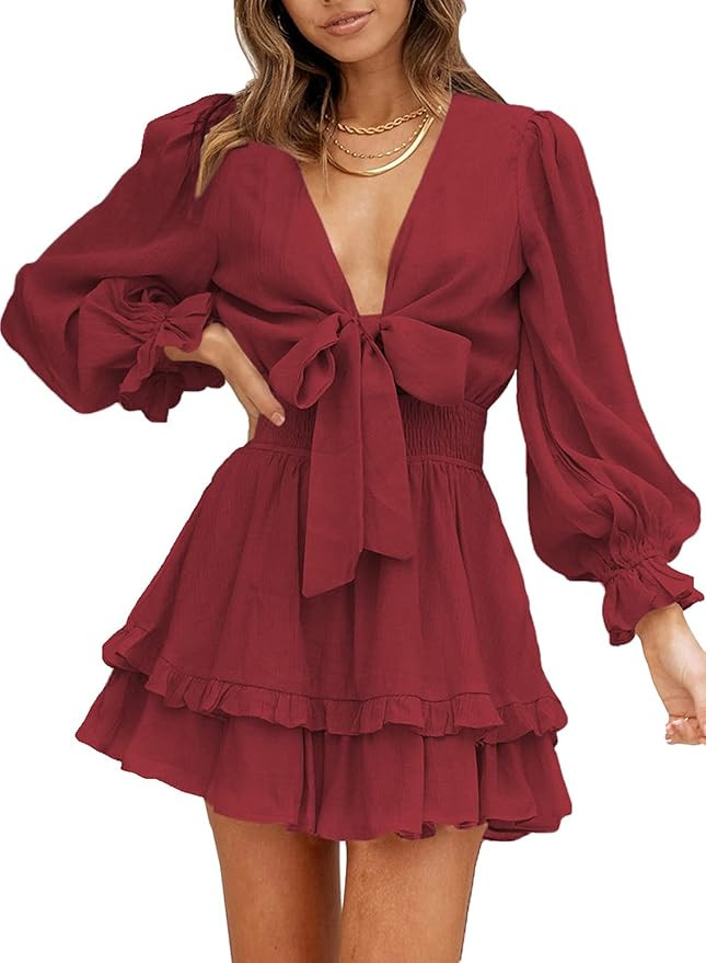 AlvaQ Womens Spring Summer Knot Front V Neck Ruffles Long Sleeve Floral Print Swing Mini Dress | Amazon (US)