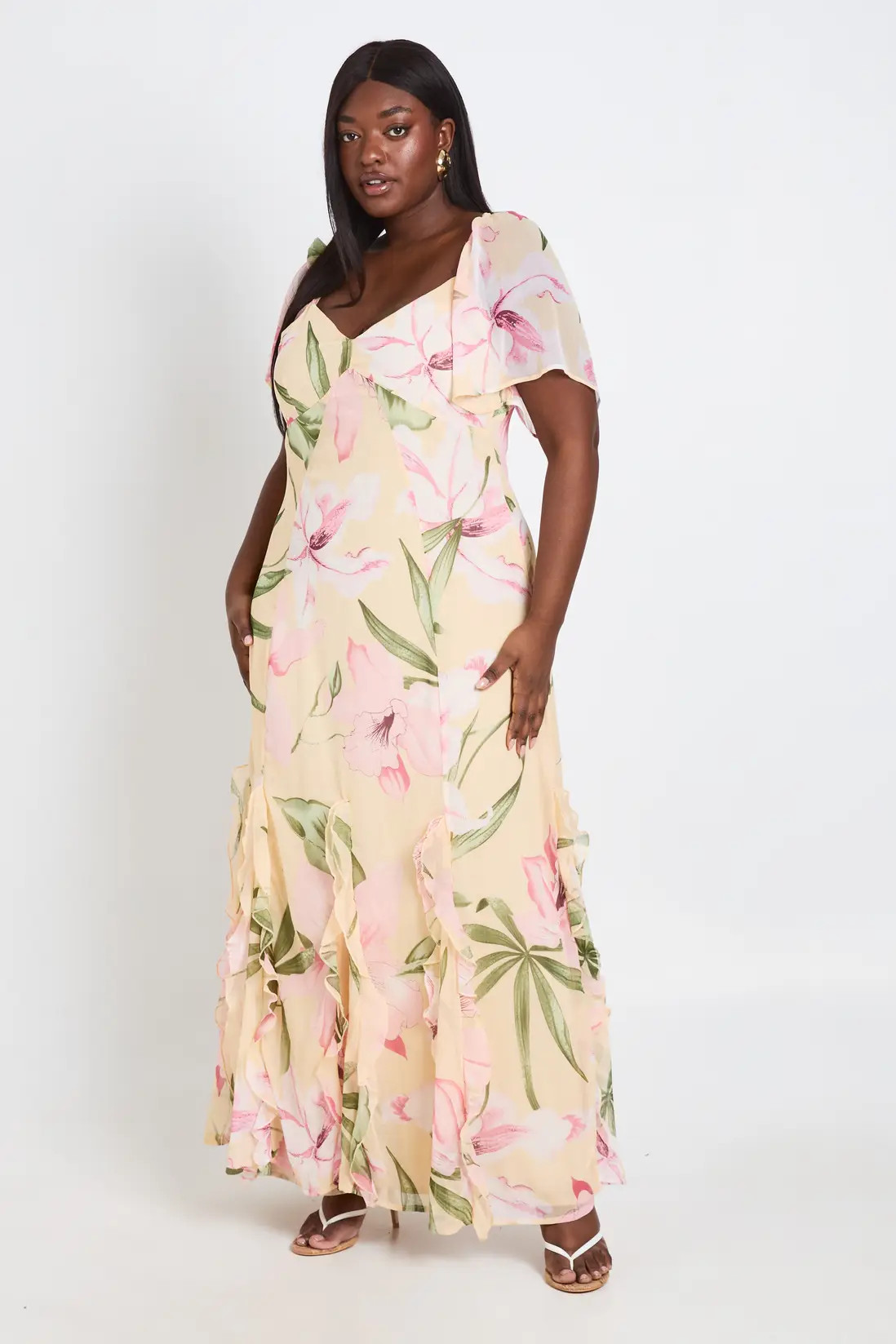 Lemon Plus Floral Chiffon Puff Sleeve Ruffle Maxi Dress | Boohoo | Boohoo.com (UK & IE)