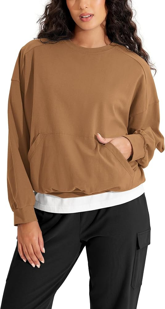 ODODOS Purevibe Cotton Oversized Sweatshirts, Women's Crew Neck Long Sleeve Pullover Tops with Ka... | Amazon (US)