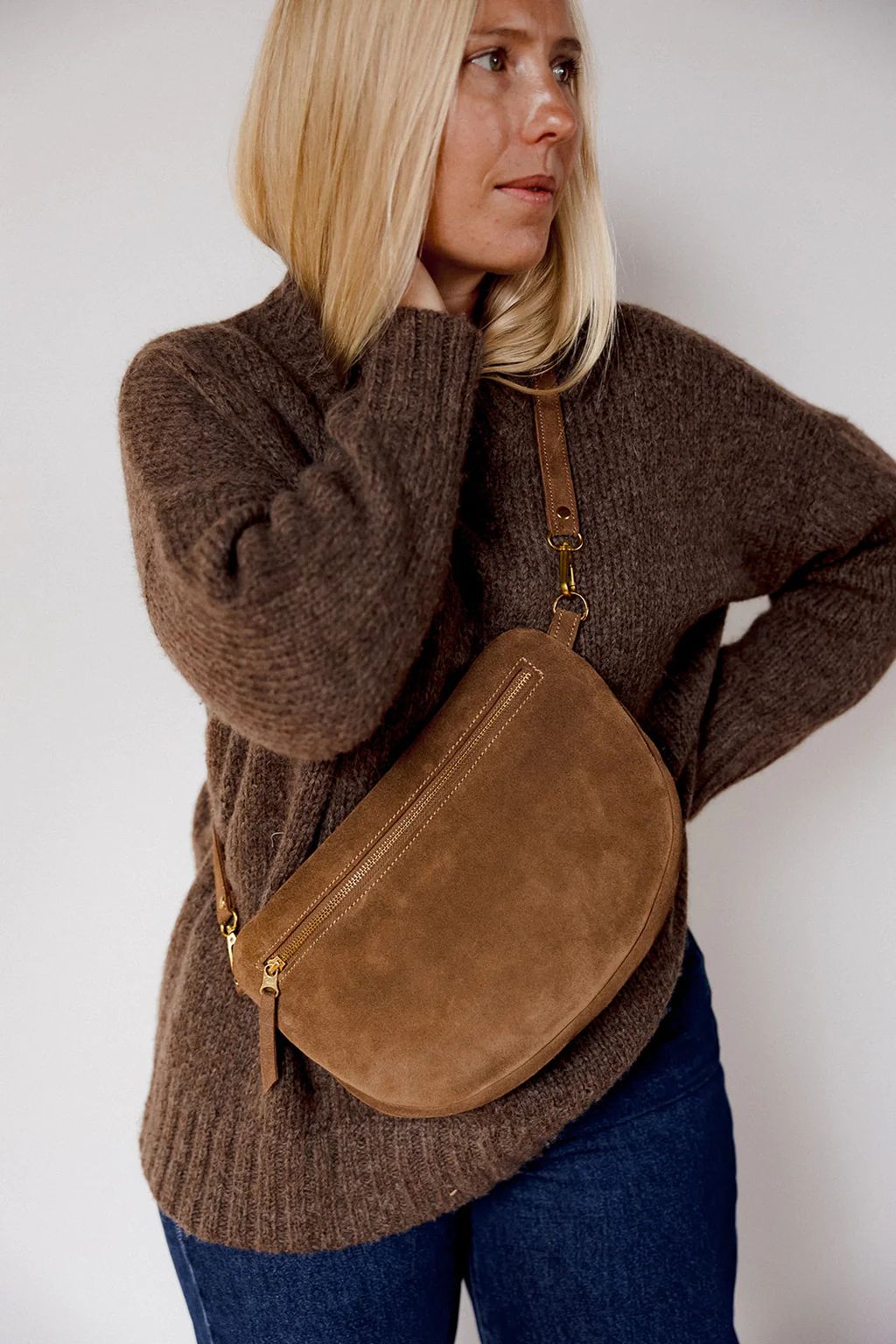 The Big Sling Bag, Caramel Suede | Abby Alley