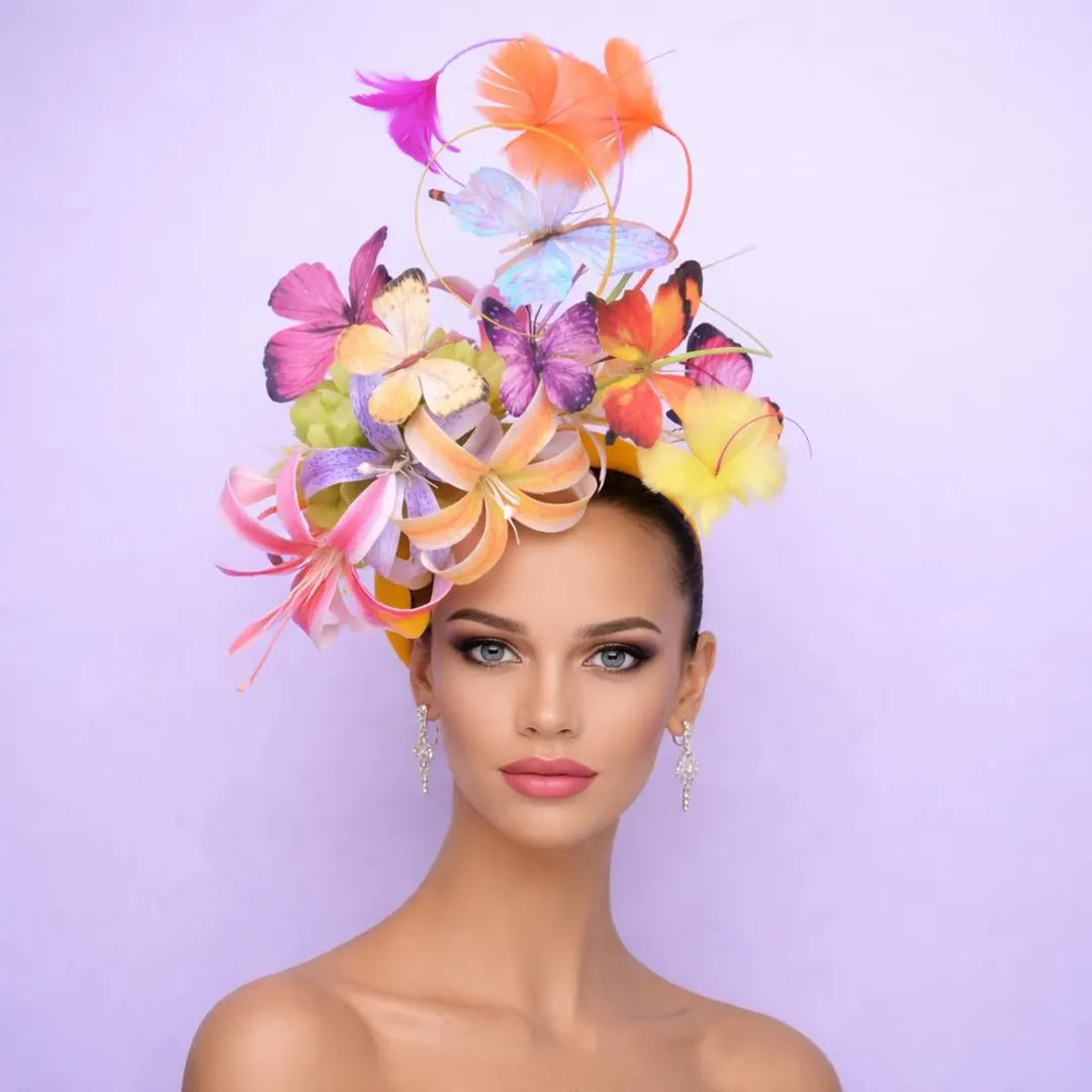 Orange Multi Color Fascinator With Flowers Butterflies and Feathers for Derby Events - Etsy | Etsy (US)