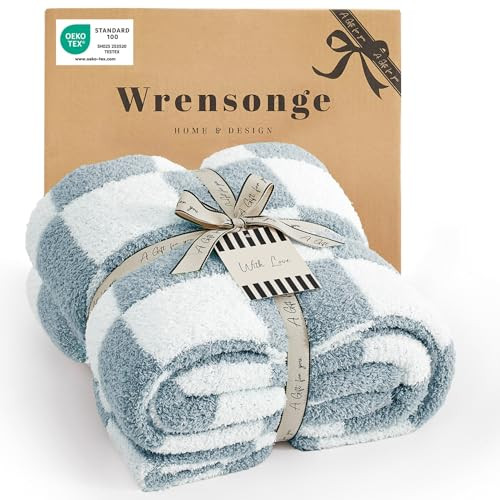 WRENSONGE Checkered Throw Blanket, Grey Blue Soft Cozy Fluffy Warm Hand Made Throw Blankets for Couch, Sofa, Chair, Bed, Camping, Picnic, Travel Lightweight Bed Blanket - 50"*70" | Amazon (US)