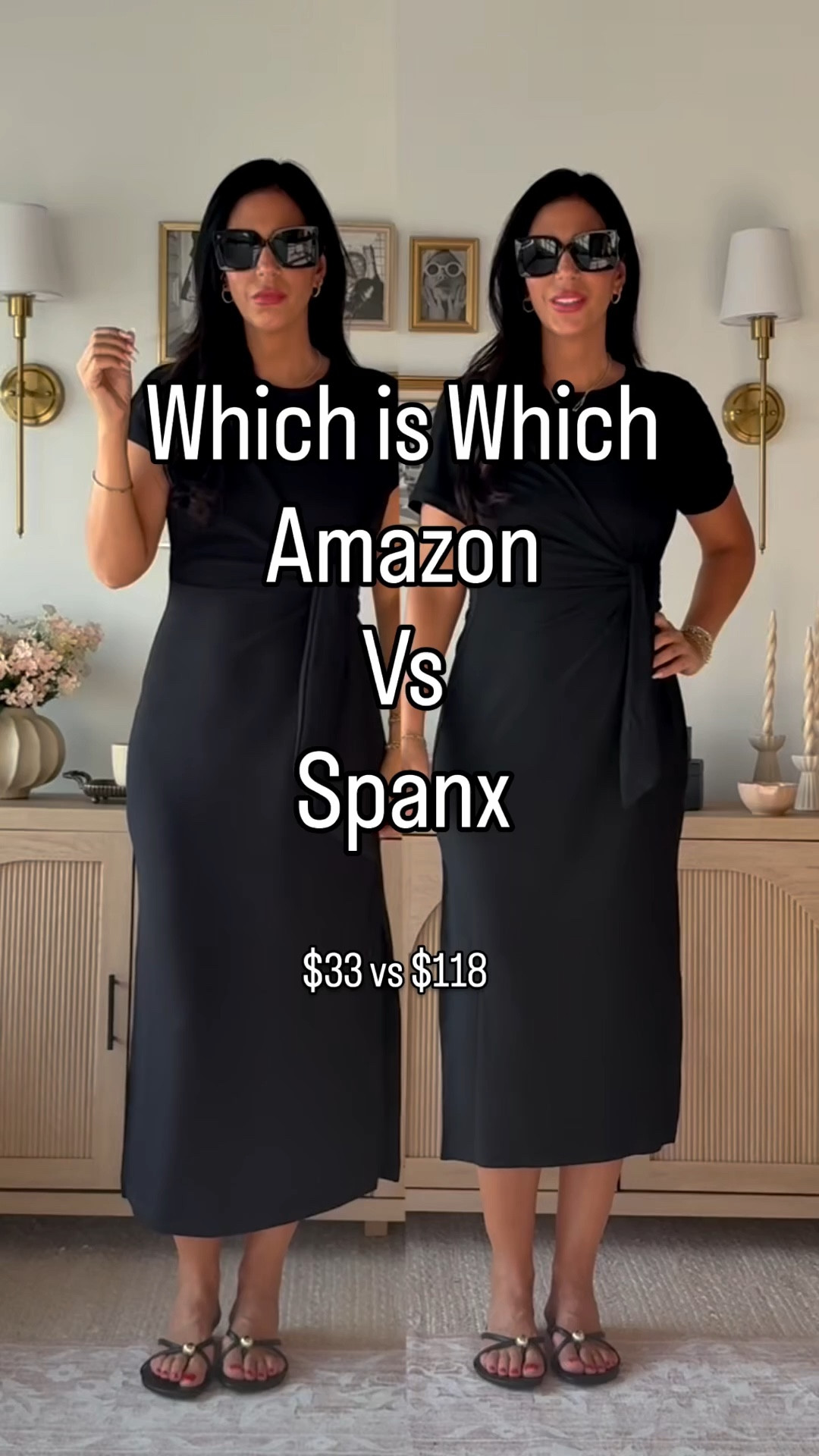 Spanx LBD- small Tall (left) 
Amazon version - small (right) 

Love this look for an everyday easy dress! 
The Spanx dress is made of the air essentials material and buttery soft. Amazon is soft and thinner. Both are a 10/10 
Code: BALANCEDSTYLEXSPANX #LTKFindsUnder50 #LTKFindsUnder100