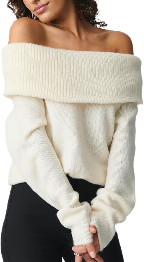 Women Y2k Off Shoulder Sweater Relaxed Fit Long Sleeve Strapless Knit Pullover Top Sexy Aesthetic... | Amazon (US)