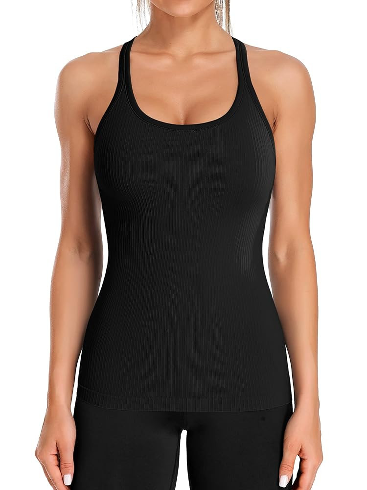 ATTRACO Ribbed Workout Tank Tops for Women with Built in Bra Tight Racerback Scoop Neck Athletic ... | Amazon (US)