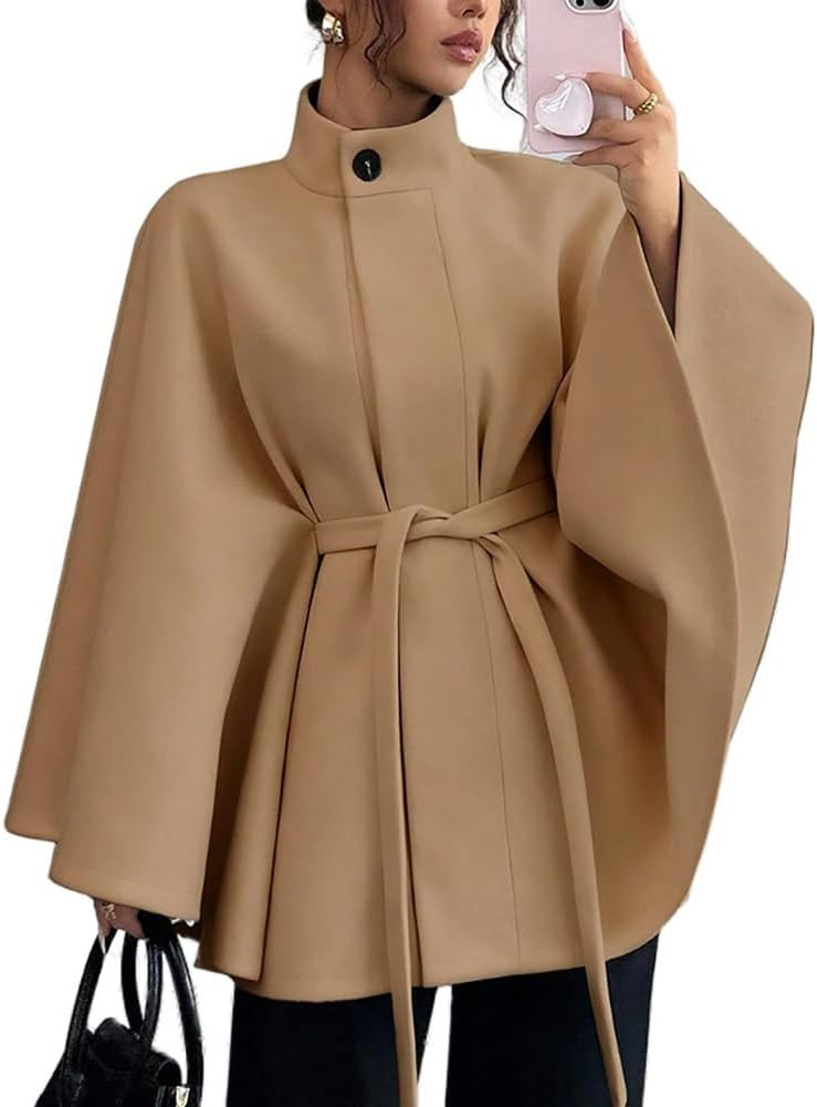 Womens Wool Cape Coat Batwing Sleeve Poncho Peacoat Belted Jacket | Amazon (US)