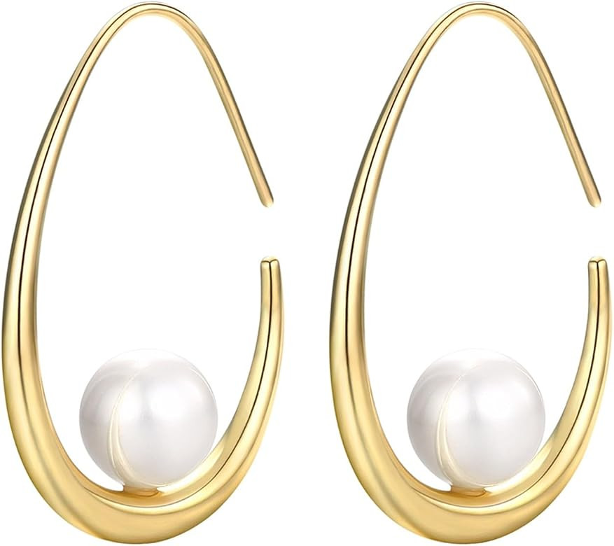 14k Gold Plated Lightweight Pearl Earrings,Trendy Jewelry,Teardrop Hoop Earrings for Women,Pearl ... | Amazon (US)
