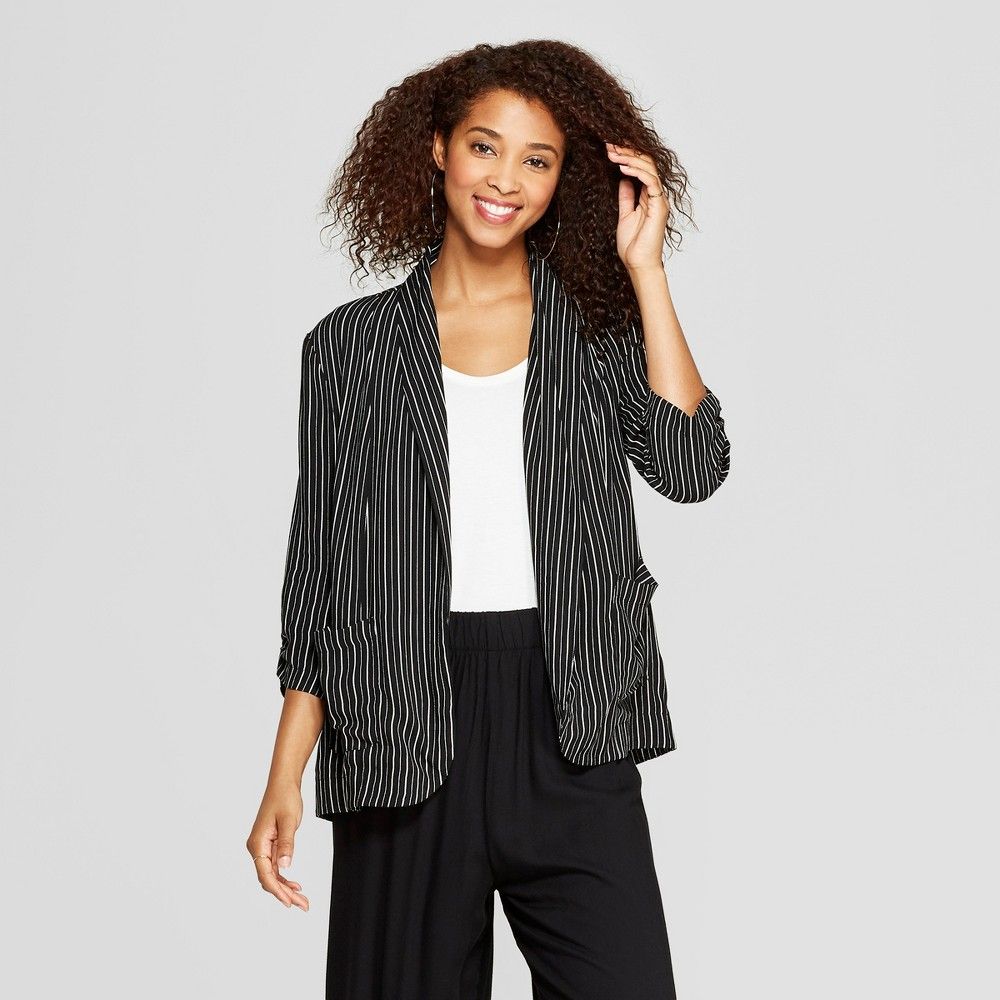 Women's Striped Long Sleeve Soft Blazer - Xhilaration Black/White XS | Target