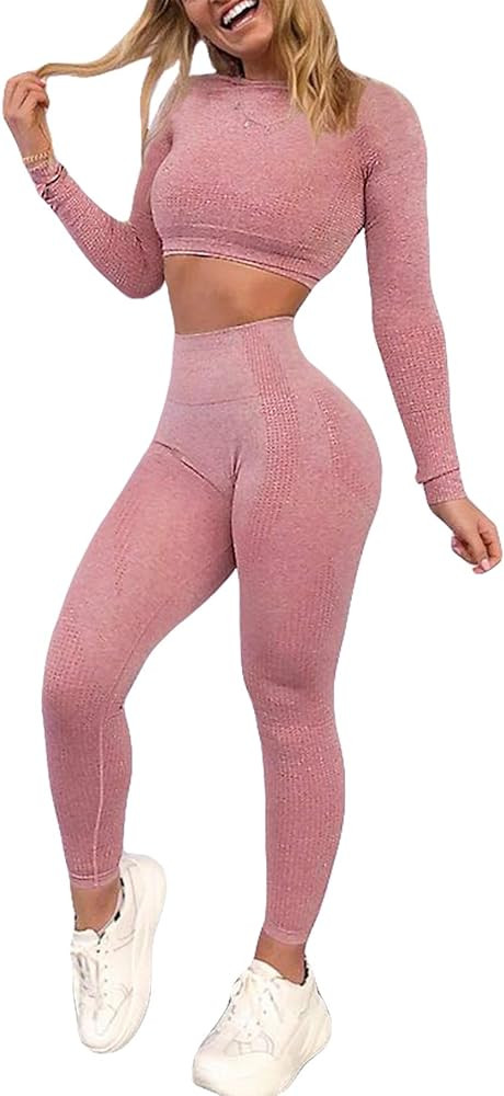 YOFIT Women's Workout Outfit 2 Pieces Seamless High Waist Yoga Leggings with Long Sleeve Crop Top... | Amazon (US)