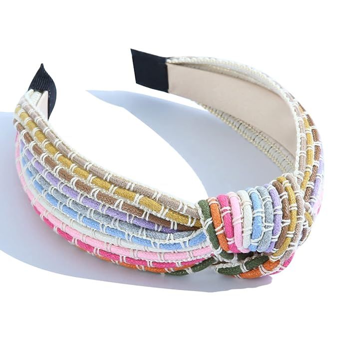 Knotted Raffia Headband Flower rattan Straw Beige Colorful Stripes Weave Fashion Holiday Hairband... | Amazon (US)
