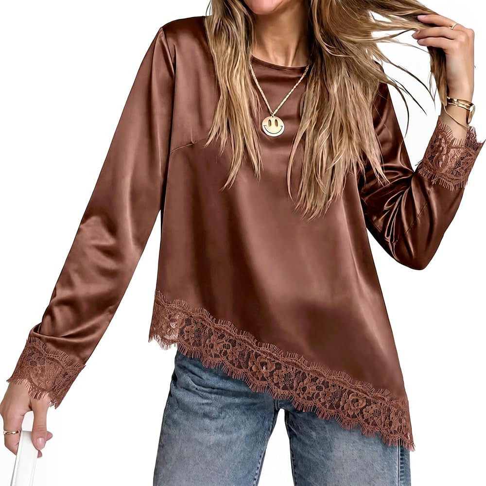 Tankaneo Womens Satin Silk Blouses Long Sleeve Dressy Casual Lace Tops | Amazon (US)