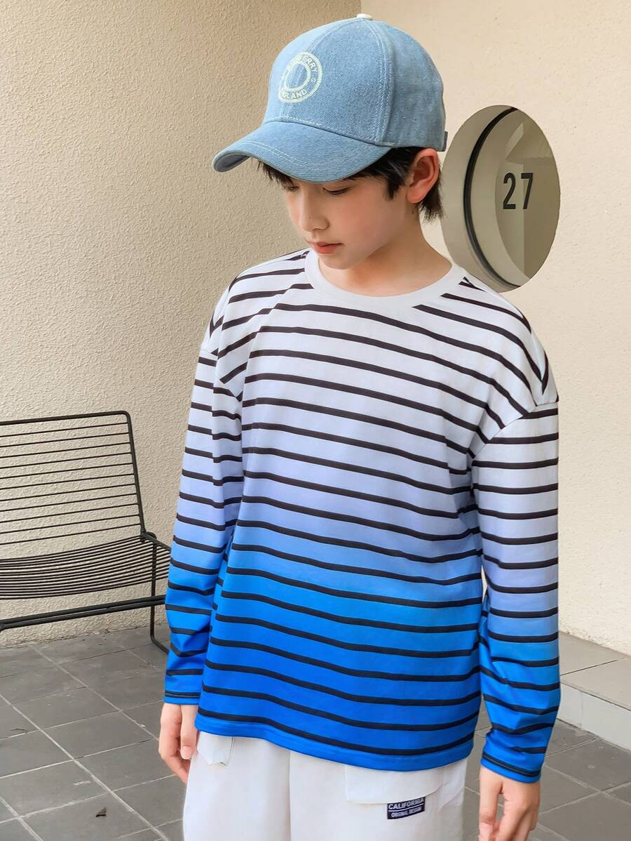 Tween Boys' Spring/Autumn Ombre Stripe Loose Long Sleeve T-Shirt | SHEIN