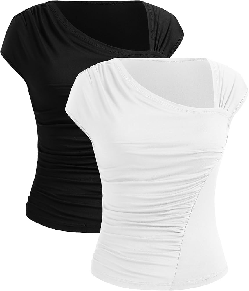 PRETTYGARDEN Womens Casual Summer Cap Sleeve Asymmetrical Ruched Fitted Y2K Tops 2 Pack | Amazon (US)